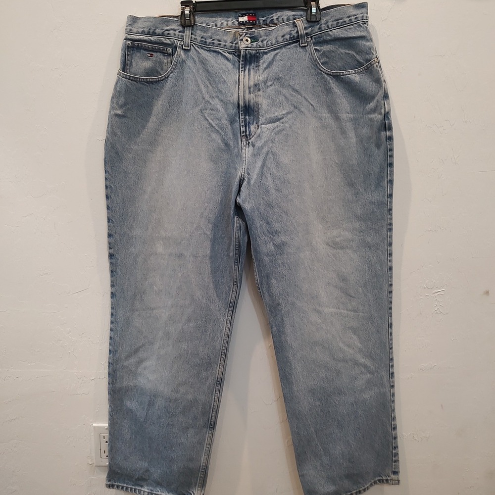 Tommy Hilfiger Jeans Men 42x32 Blue Relaxed Straight Frayed High Rise  Vtg Y2K